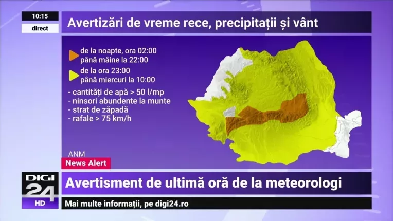 Cod portocaliu de ninsori abundente la munte. Va fi si un cod galben de ploi, ninsori si vant